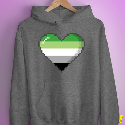 Aromantic Pride 8-Bit Pixel Heart Hoodie - Grey Heather